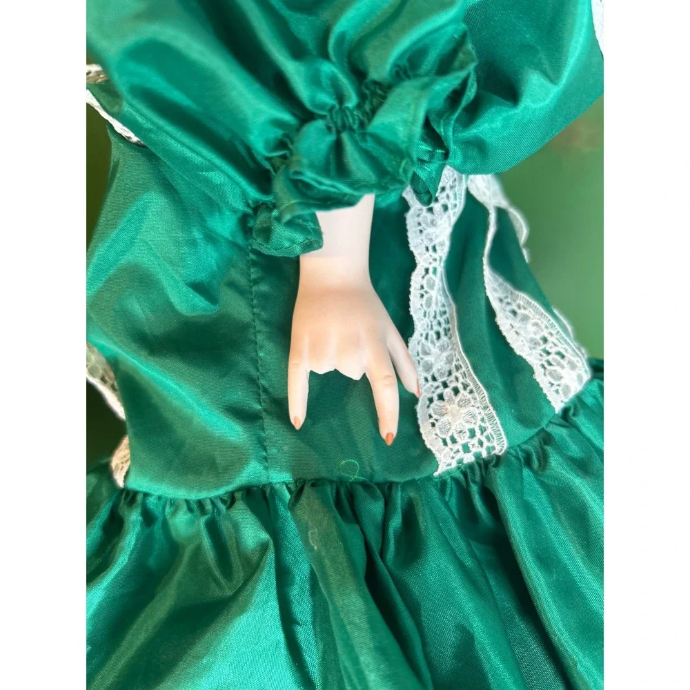 Vintage Porcelain Doll Emerald Green Satin Lace Victorian Dress Auburn Hai